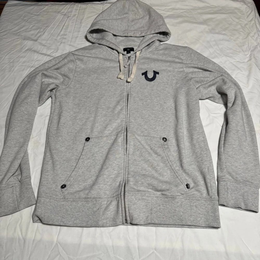 Men's True Religion Gray Full-Zip Hoodie L with Navy Blue Logo #86
